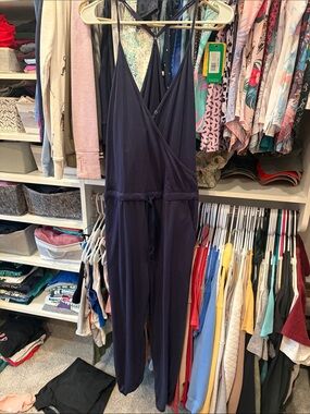 Women's Navy Wrap Jumpsuit with Drawstring Waist